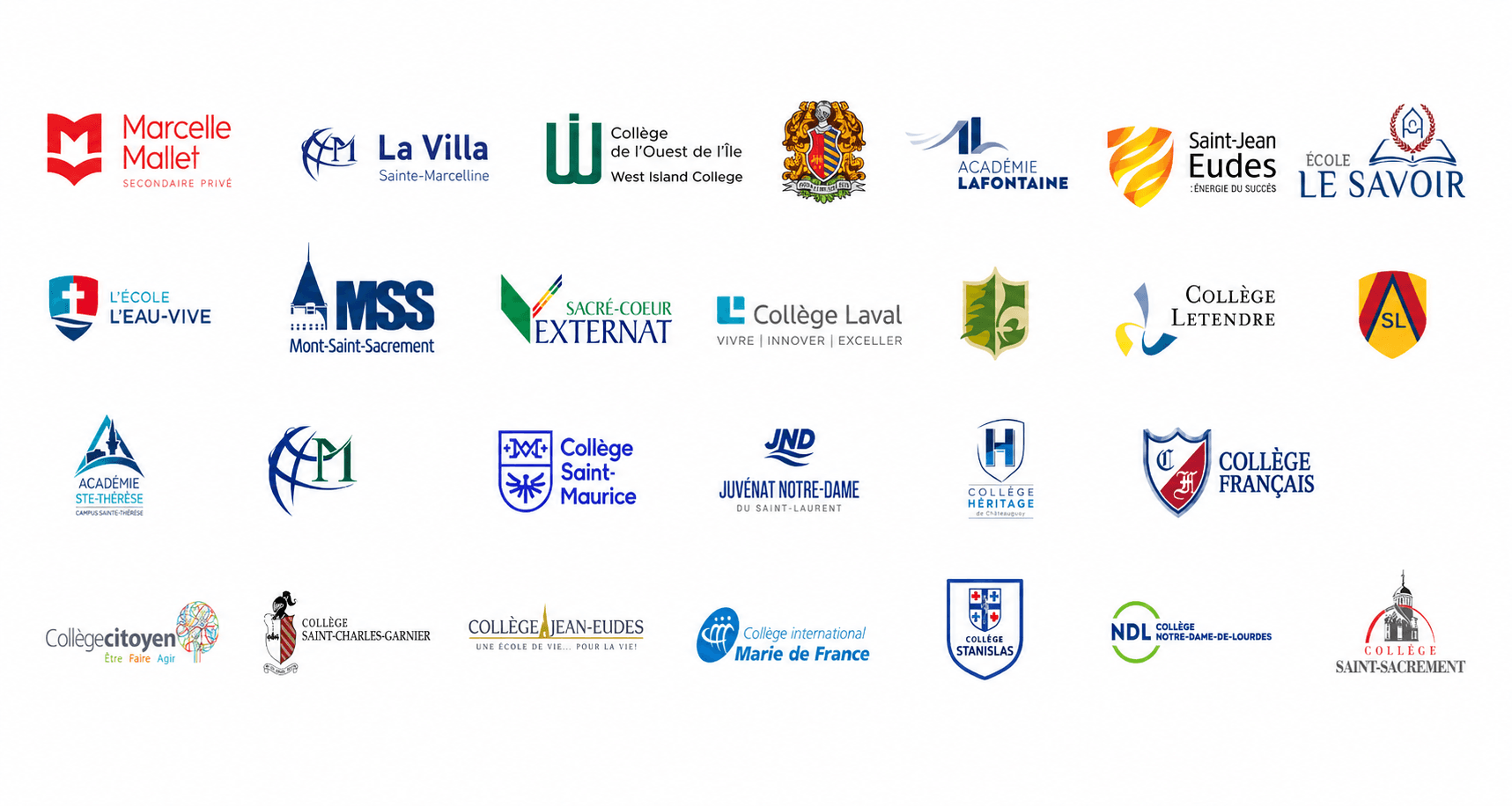 Logos des écoles secondaires privées du Québec où nos élèves ont été admis : Brébeuf, Jean-Eudes, Regina, Saint-Louis, Mont-Saint-Sacrement, Collège Laval, et plus.